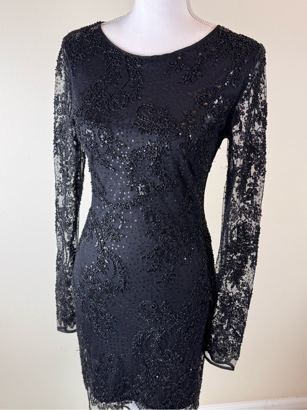Altar'd State Women’s Medium Black Beaded Lace Long-Sleeve Cocktail Dress